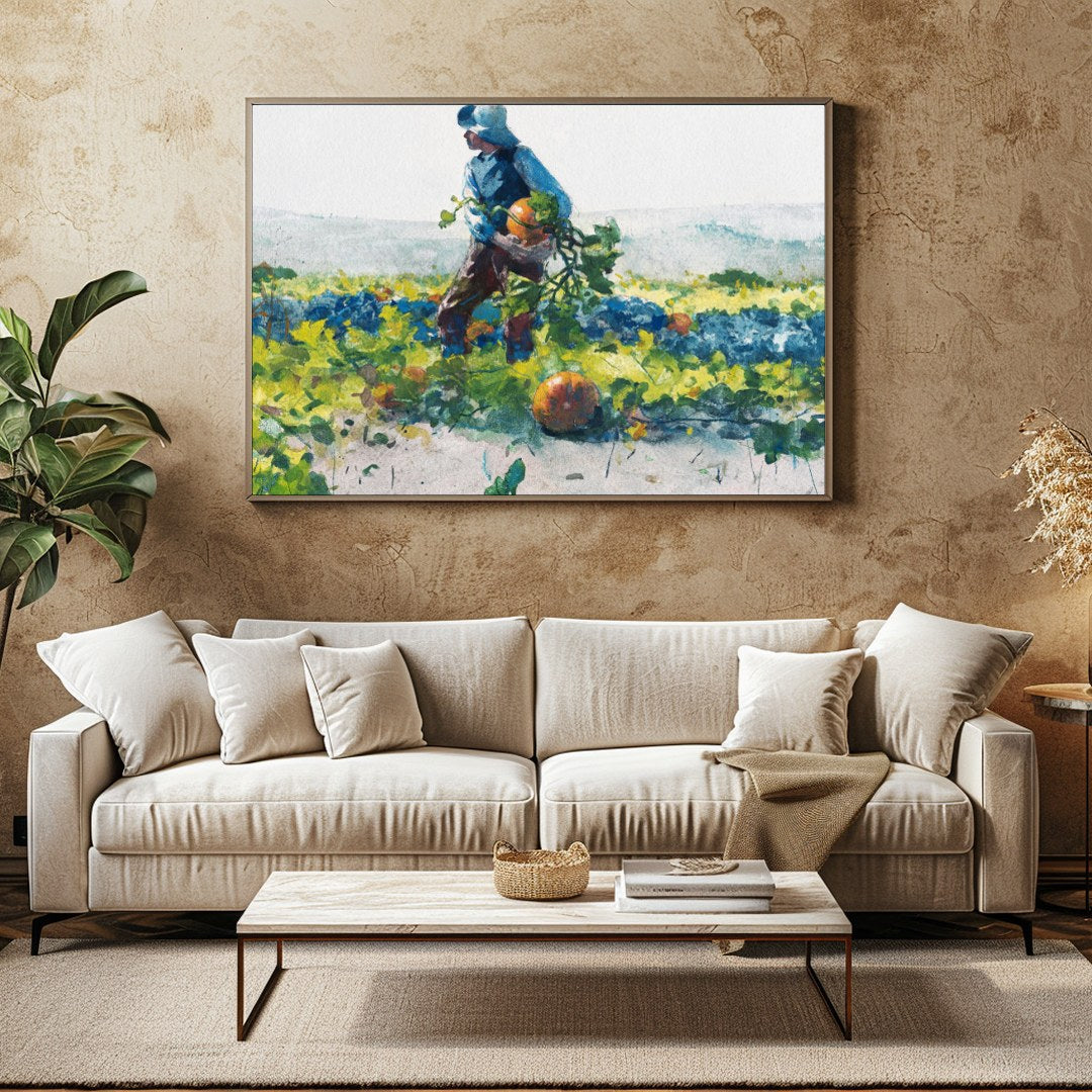 Immerse yourself in the pastoral beauty of 'Harvest Stroll'. This captivating watercolor painting for Family Room