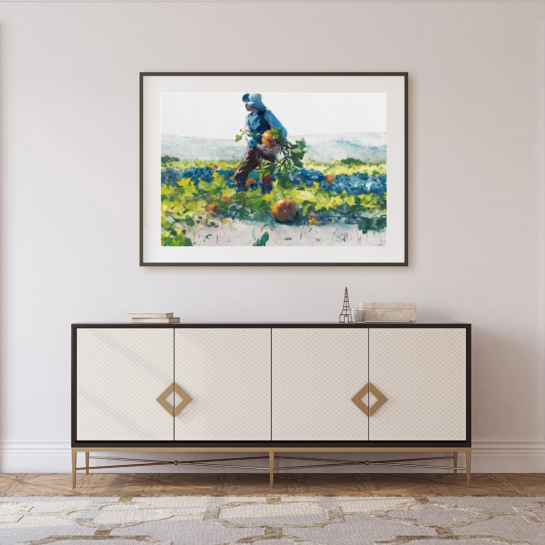 Immerse yourself in the pastoral beauty of 'Harvest Stroll'. This captivating watercolor painting for Foyer