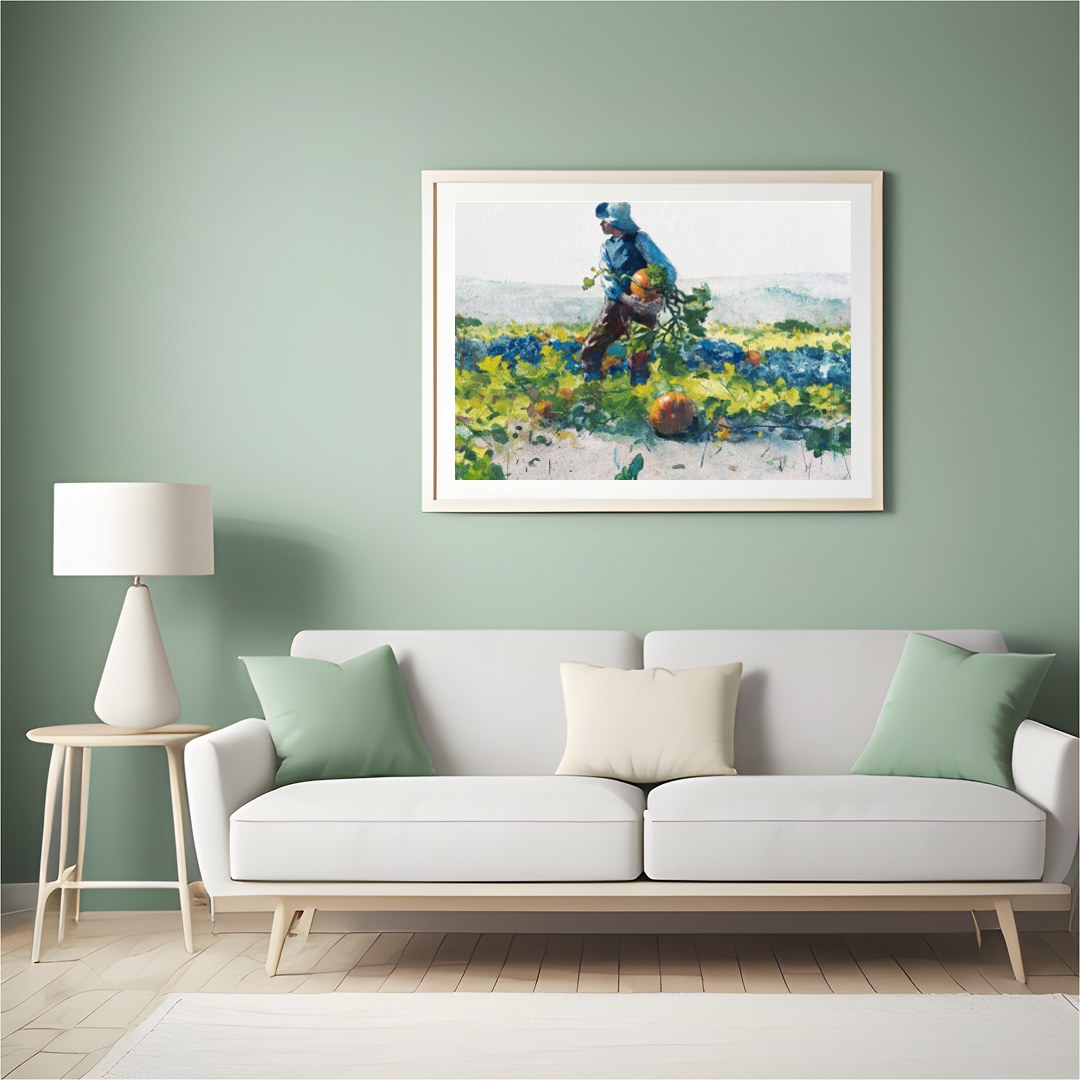 Immerse yourself in the pastoral beauty of 'Harvest Stroll'. This captivating watercolor painting for Hall