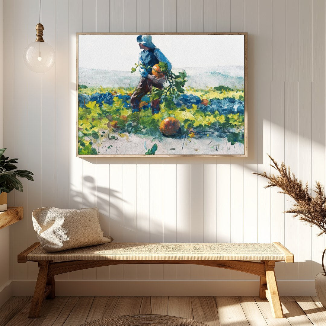 Immerse yourself in the pastoral beauty of 'Harvest Stroll'. This captivating watercolor painting for Hallway