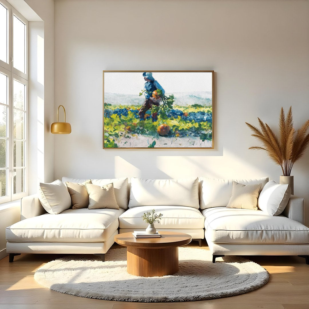 Immerse yourself in the pastoral beauty of 'Harvest Stroll'. This captivating watercolor painting for Living Room