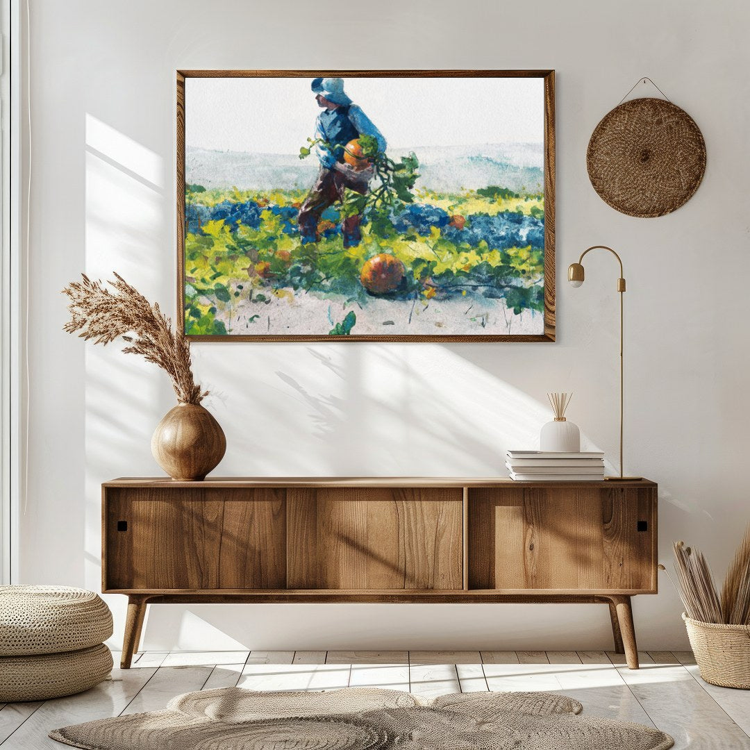 Immerse yourself in the pastoral beauty of 'Harvest Stroll'. This captivating watercolor painting for Sitting Area