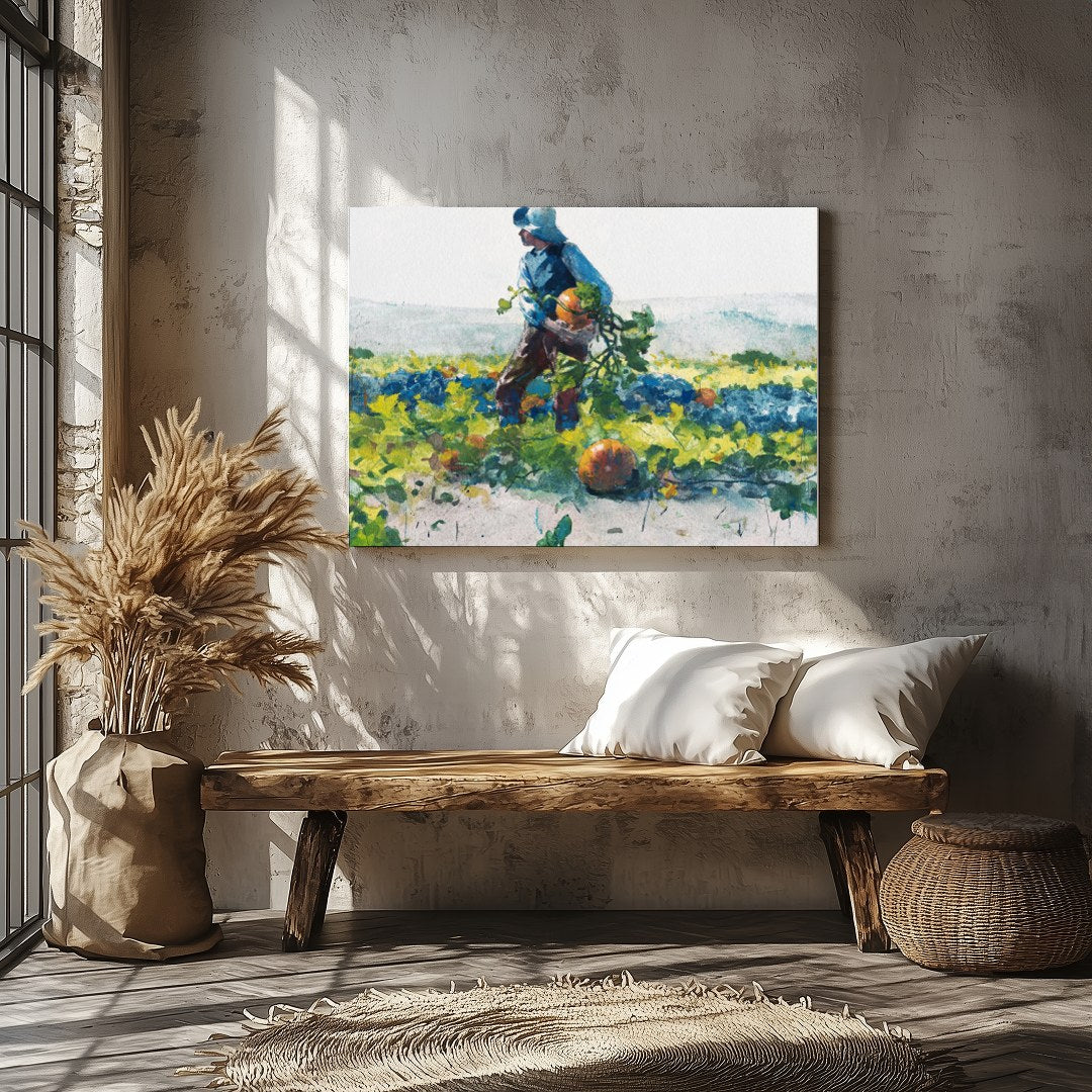 Immerse yourself in the pastoral beauty of 'Harvest Stroll'. This captivating watercolor painting for Veranda