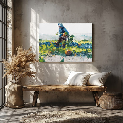 Immerse yourself in the pastoral beauty of 'Harvest Stroll'. This captivating watercolor painting for Veranda