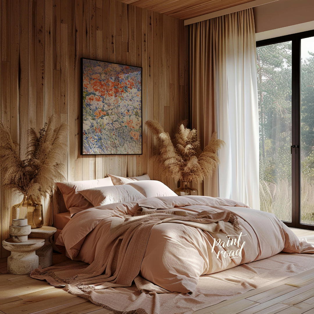 This painting, reminiscent of Childe Hassam's impressionistic style, captures a vibrant field of fl… for bedroom