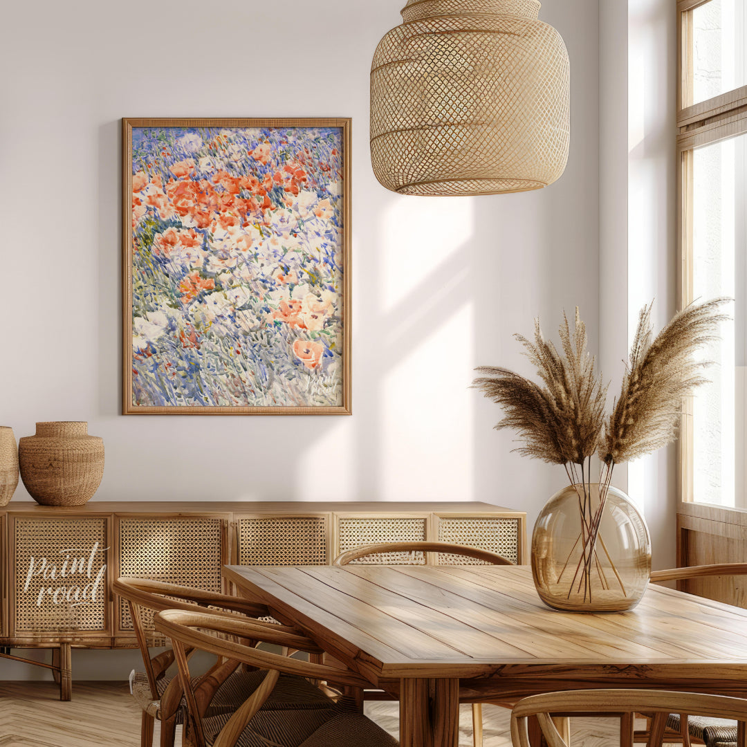 This painting, reminiscent of Childe Hassam's impressionistic style, captures a vibrant field of fl… for dining room