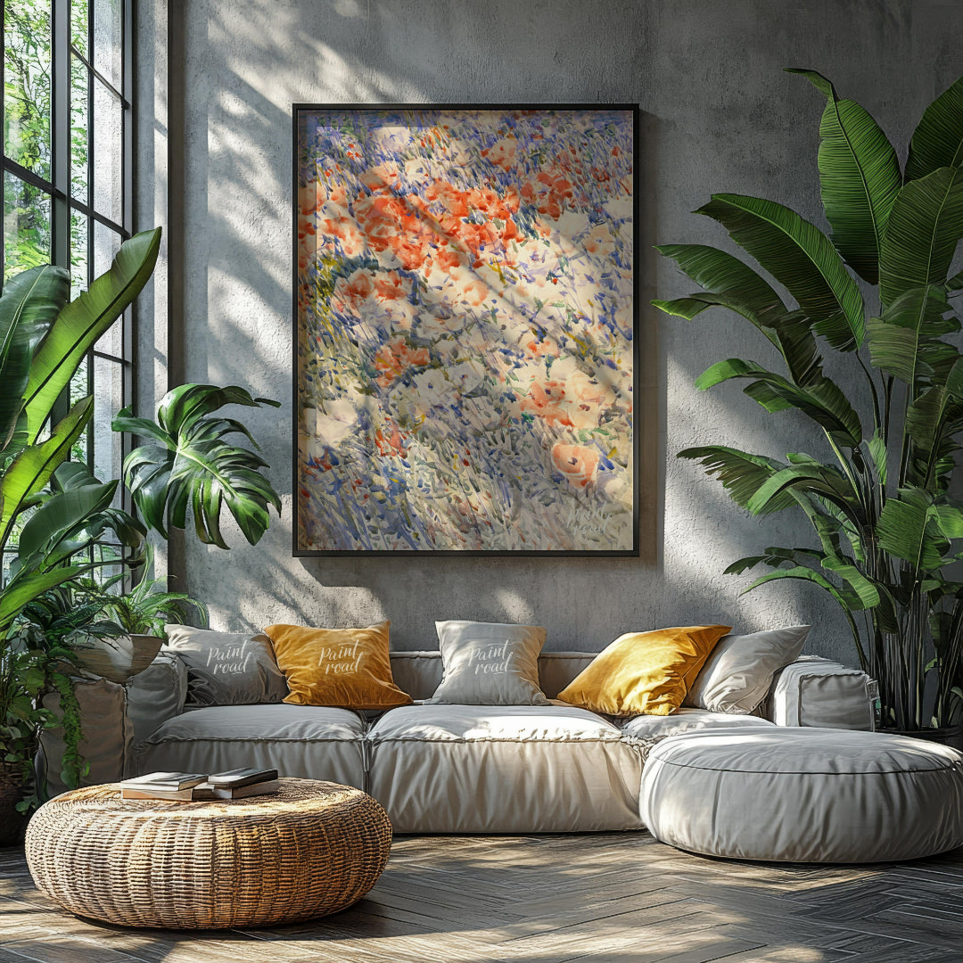 This painting, reminiscent of Childe Hassam's impressionistic style, captures a vibrant field of fl… for living room