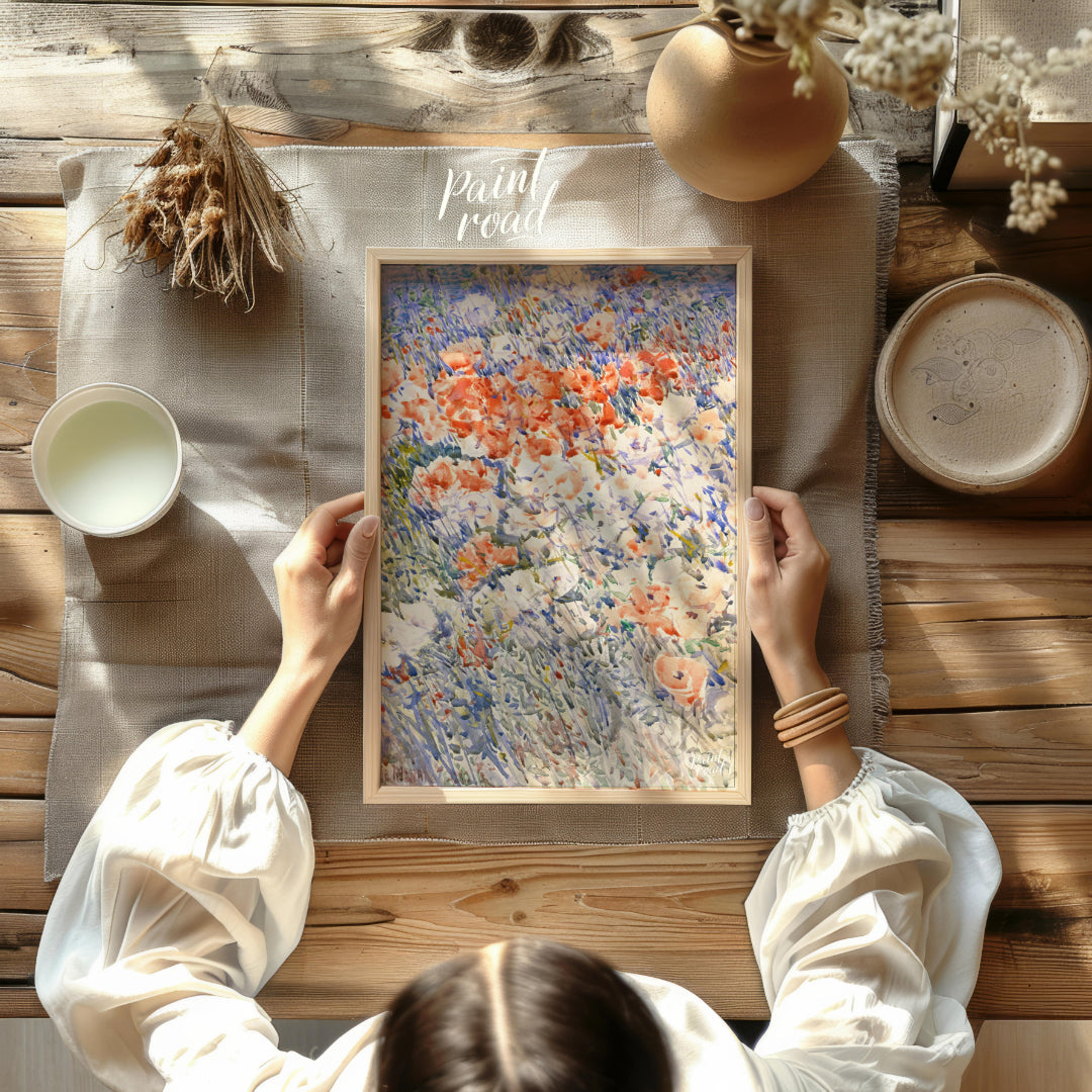 This painting, reminiscent of Childe Hassam's impressionistic style, captures a vibrant field of fl… for other