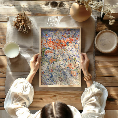 This painting, reminiscent of Childe Hassam's impressionistic style, captures a vibrant field of fl… for other