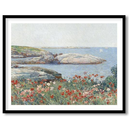 "This painting, ""Poppies, Isles of Shoals"" by Childe Hassam, captures a serene coastal scene with… for area