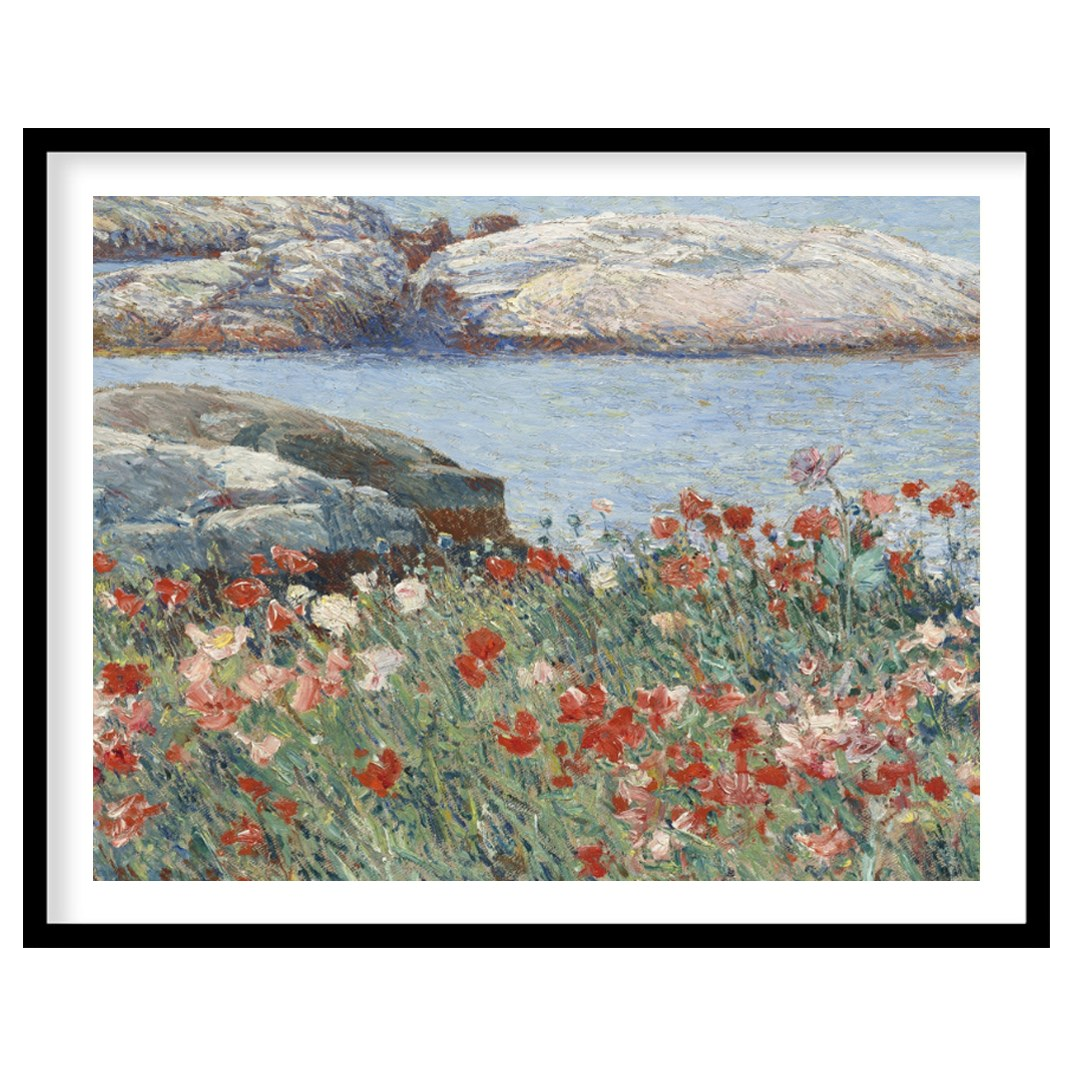 "This painting, ""Poppies, Isles of Shoals"" by Childe Hassam, captures a serene coastal scene with… for area