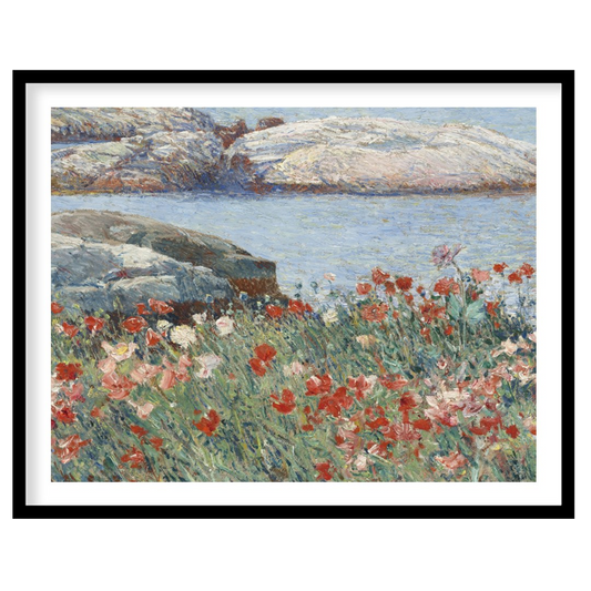 "This painting, ""Poppies, Isles of Shoals"" by Childe Hassam, captures a serene coastal scene with… for area