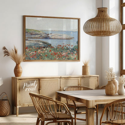 "This painting, ""Poppies, Isles of Shoals"" by Childe Hassam, captures a serene coastal scene with… for dining room