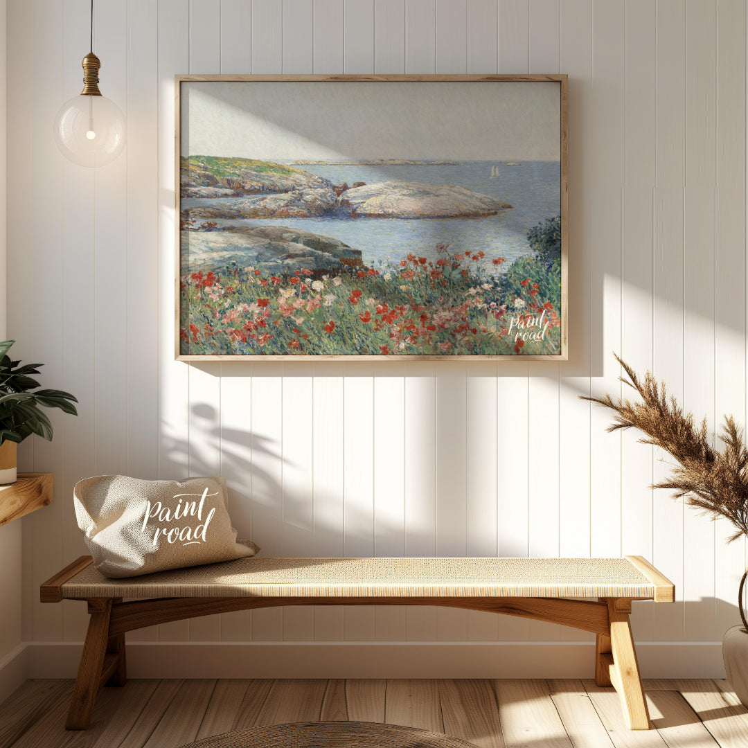 "This painting, ""Poppies, Isles of Shoals"" by Childe Hassam, captures a serene coastal scene with… for entryway