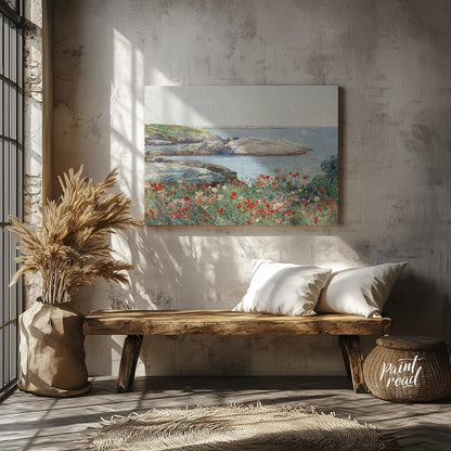 "This painting, ""Poppies, Isles of Shoals"" by Childe Hassam, captures a serene coastal scene with… for entryway