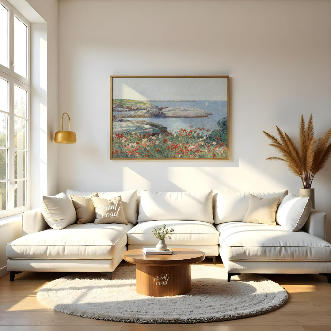 "This painting, ""Poppies, Isles of Shoals"" by Childe Hassam, captures a serene coastal scene with… for living room