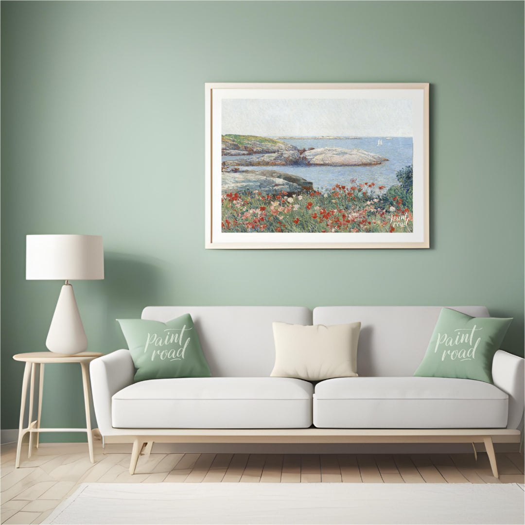 "This painting, ""Poppies, Isles of Shoals"" by Childe Hassam, captures a serene coastal scene with… for living room