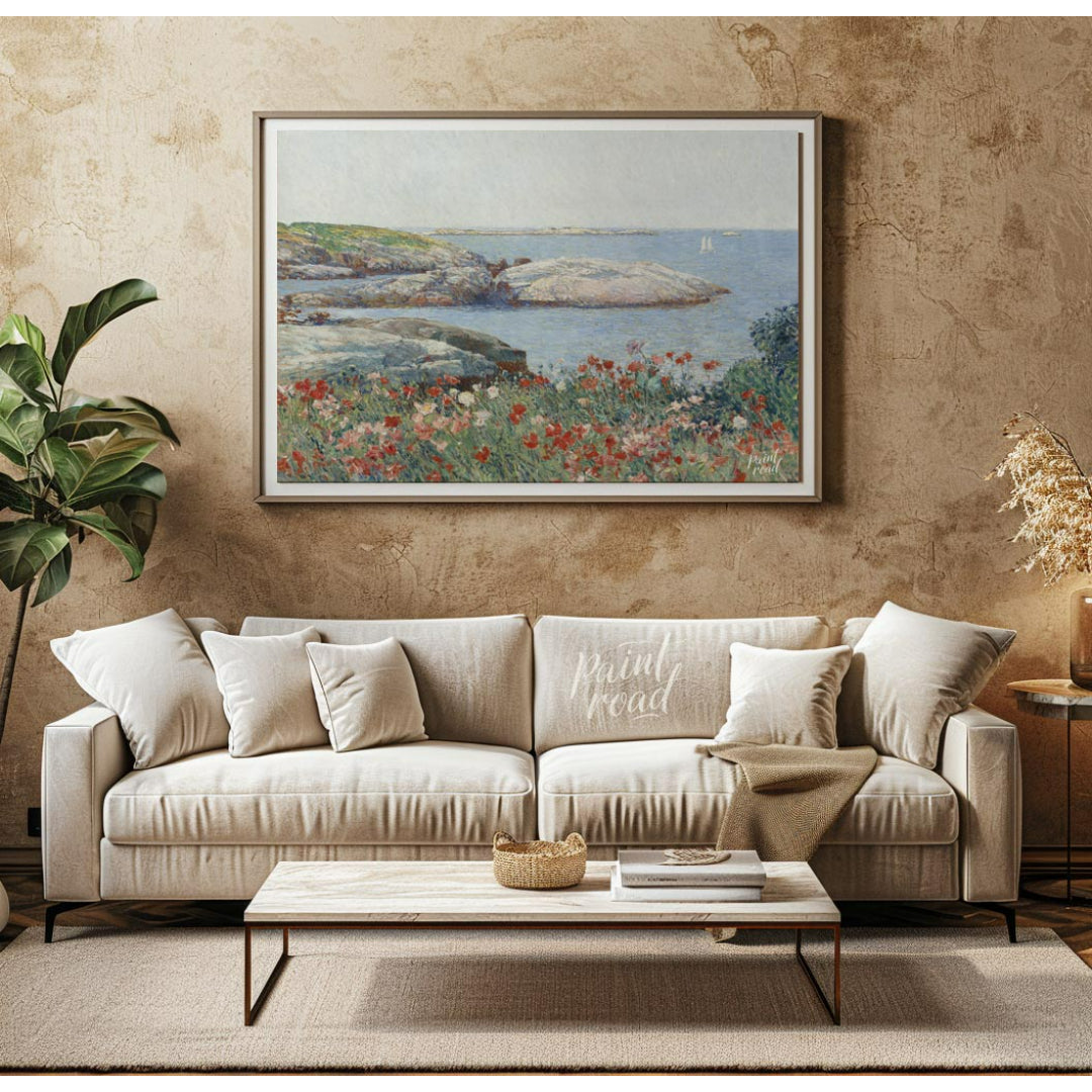 "This painting, ""Poppies, Isles of Shoals"" by Childe Hassam, captures a serene coastal scene with… for living room