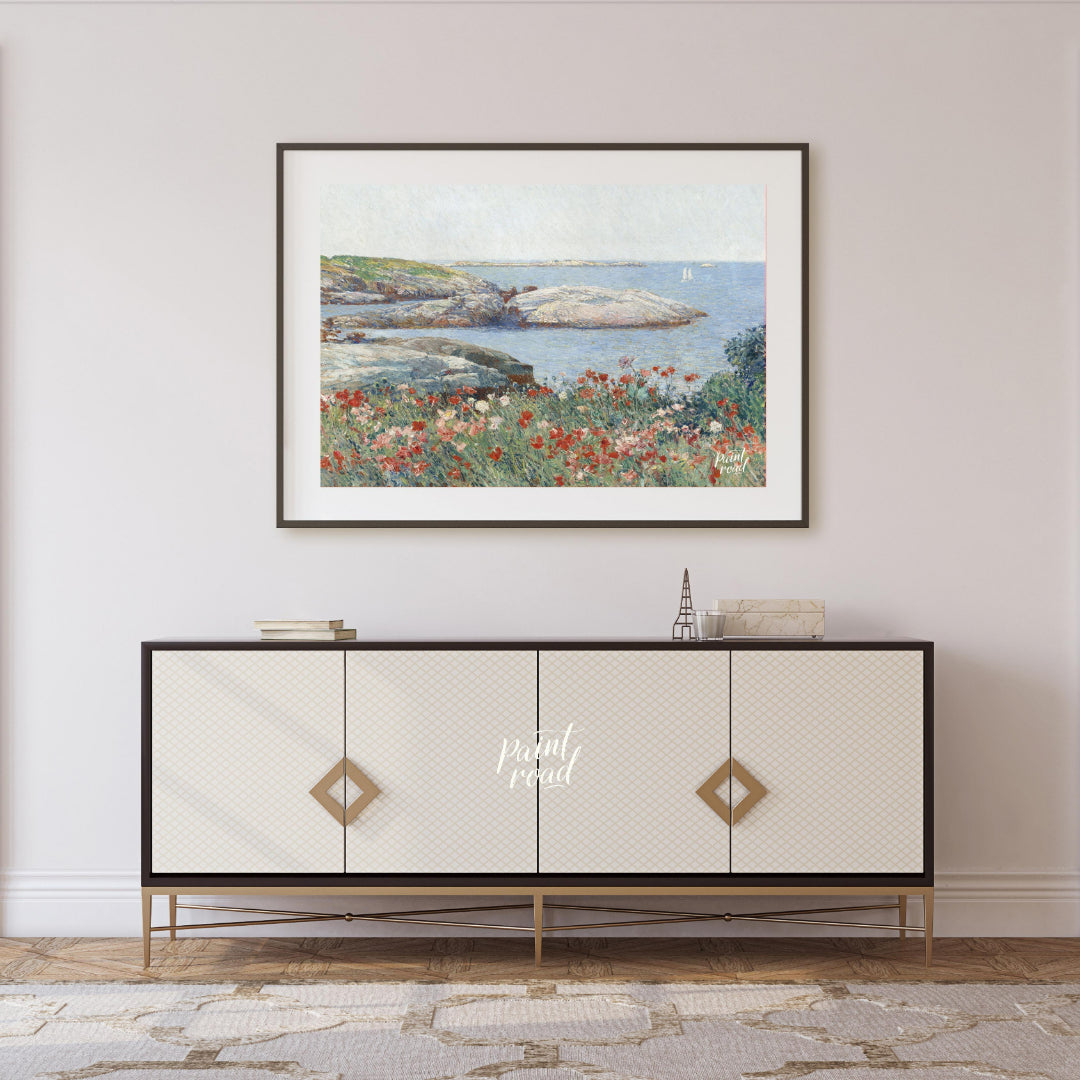 "This painting, ""Poppies, Isles of Shoals"" by Childe Hassam, captures a serene coastal scene with… for living room