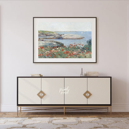"This painting, ""Poppies, Isles of Shoals"" by Childe Hassam, captures a serene coastal scene with… for living room