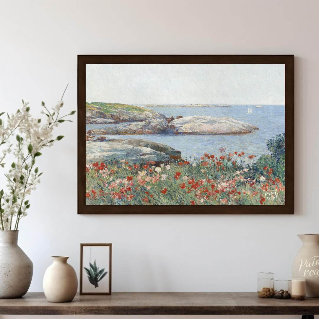 "This painting, ""Poppies, Isles of Shoals"" by Childe Hassam, captures a serene coastal scene with… for living room