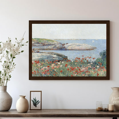 "This painting, ""Poppies, Isles of Shoals"" by Childe Hassam, captures a serene coastal scene with… for living room