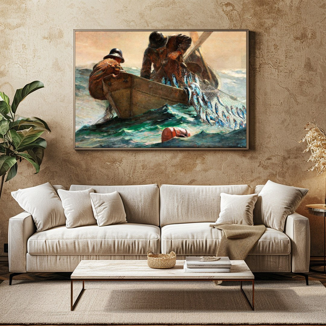 Dive into the tumultuous beauty of the ocean with 'Haul of the Sea: A Fisherman's Journey.' This for Family Room