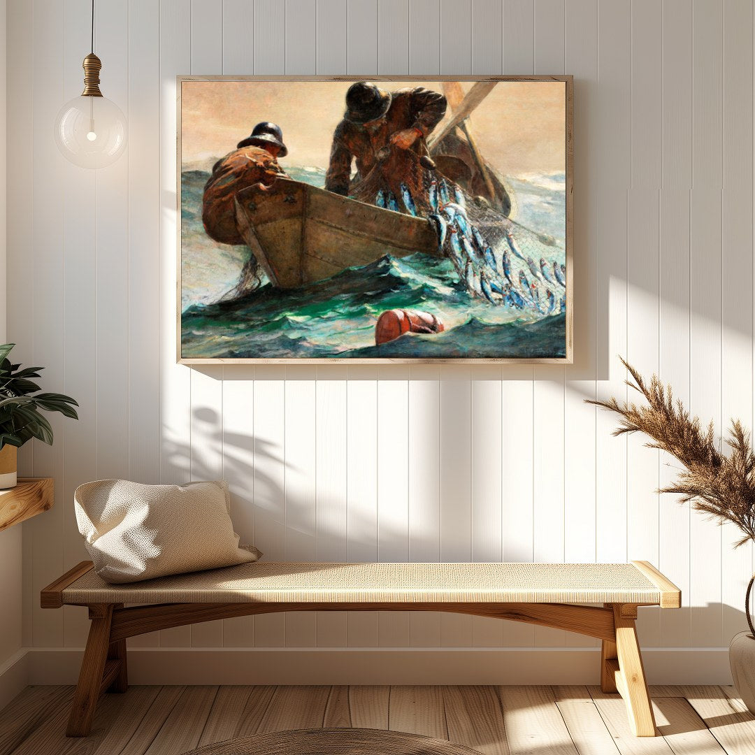 Dive into the tumultuous beauty of the ocean with 'Haul of the Sea: A Fisherman's Journey.' This for Hallway