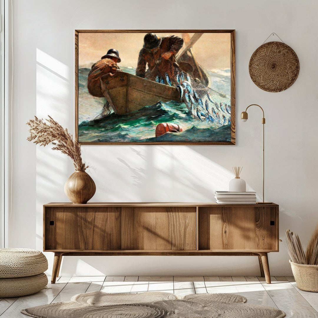 Dive into the tumultuous beauty of the ocean with 'Haul of the Sea: A Fisherman's Journey.' This for Sitting Area