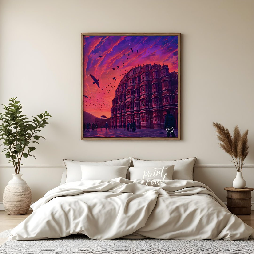 "Hawa Mahal Harmony" showcases the iconic Hawa Mahal of Jaipur, its intricate latticework and delic… for bedroom