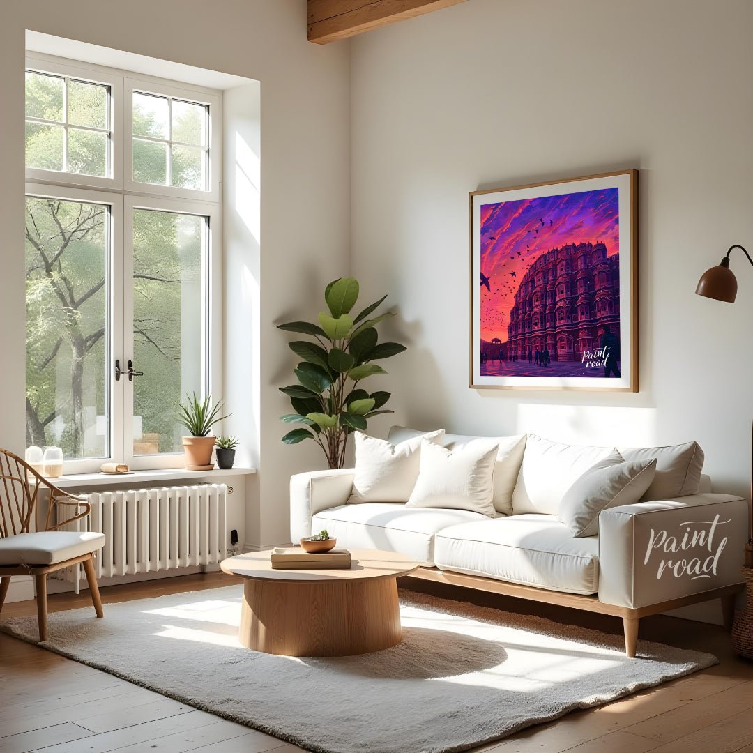 "Hawa Mahal Harmony" showcases the iconic Hawa Mahal of Jaipur, its intricate latticework and delic… for living room