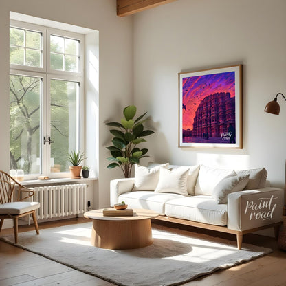 "Hawa Mahal Harmony" showcases the iconic Hawa Mahal of Jaipur, its intricate latticework and delic… for living room