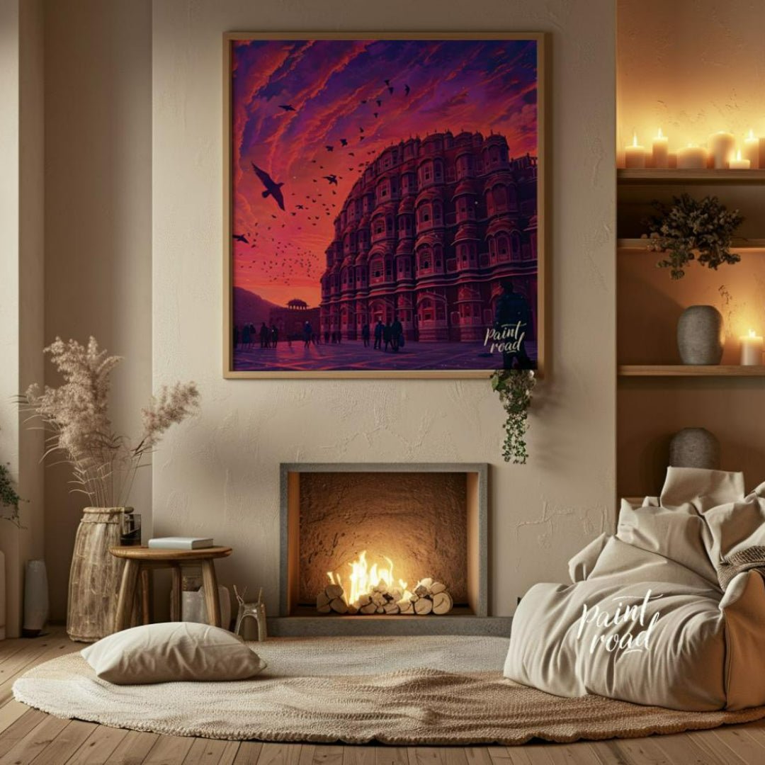 "Hawa Mahal Harmony" showcases the iconic Hawa Mahal of Jaipur, its intricate latticework and delic… for living room