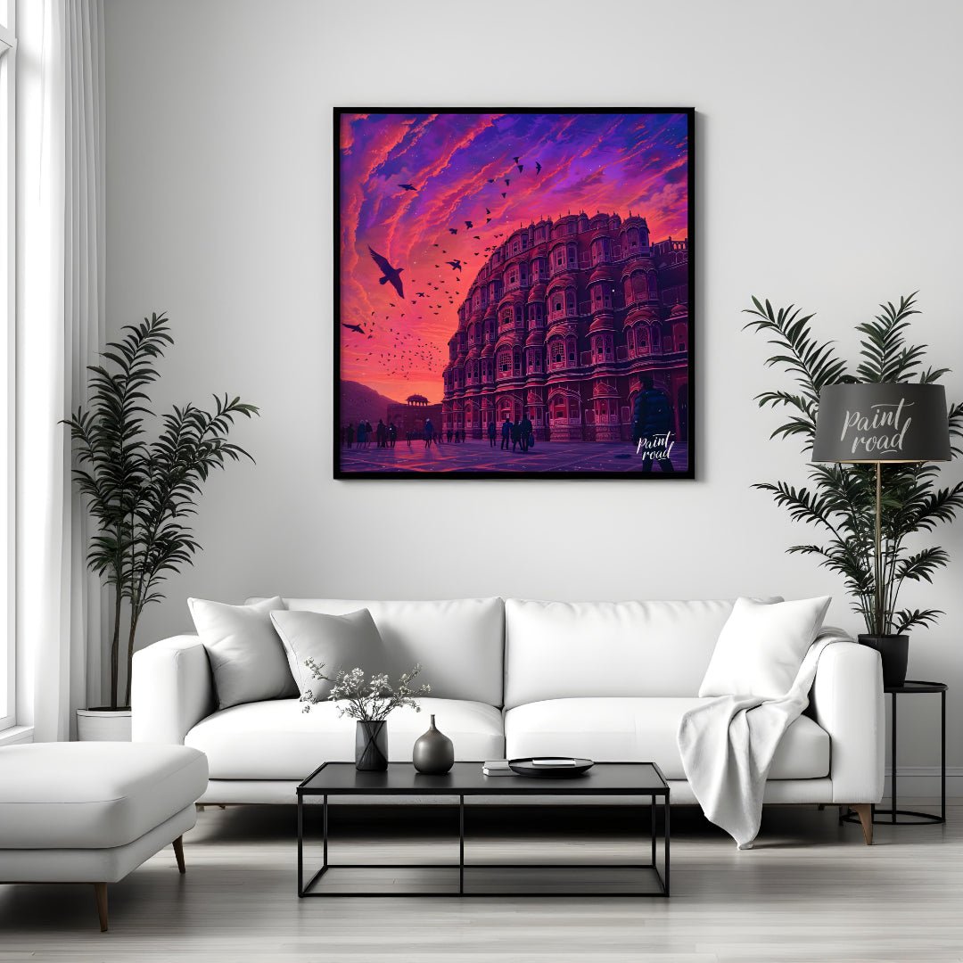 "Hawa Mahal Harmony" showcases the iconic Hawa Mahal of Jaipur, its intricate latticework and delic… for living room
