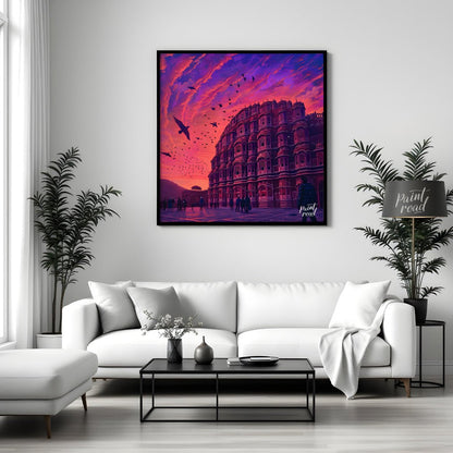 "Hawa Mahal Harmony" showcases the iconic Hawa Mahal of Jaipur, its intricate latticework and delic… for living room
