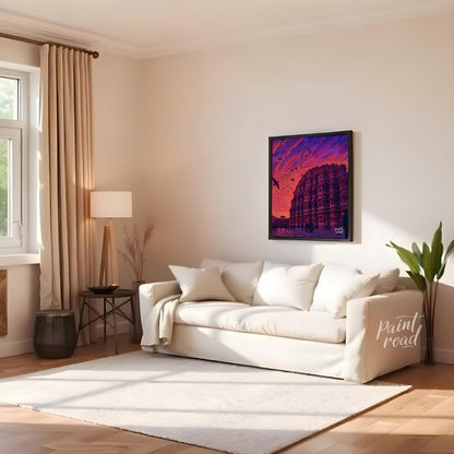 "Hawa Mahal Harmony" showcases the iconic Hawa Mahal of Jaipur, its intricate latticework and delic… for living room