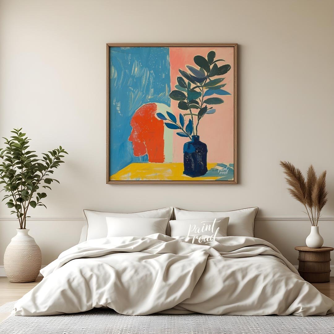 This compelling abstract painting features a striking juxtaposition of a stylized human head in pro… for bedroom