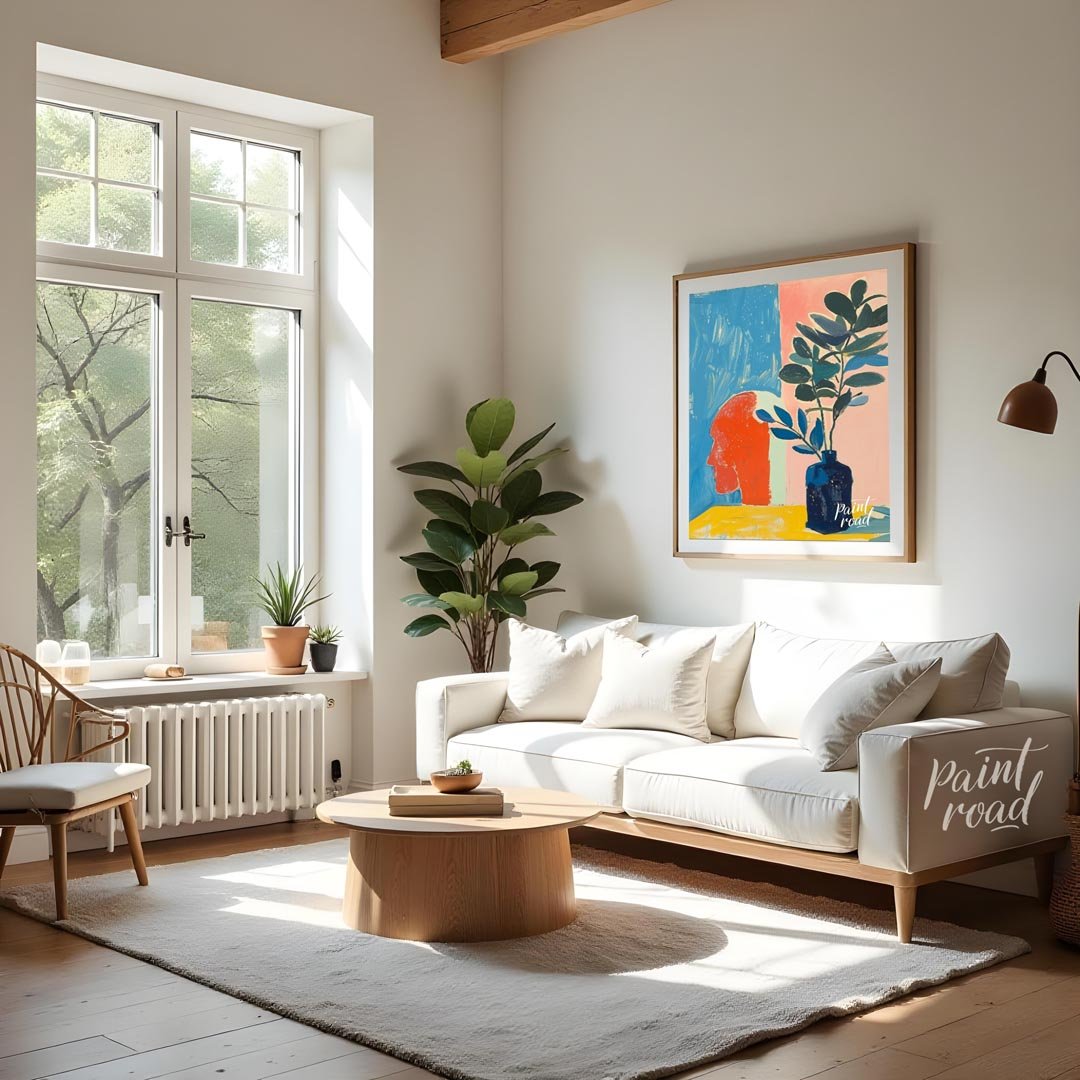 This compelling abstract painting features a striking juxtaposition of a stylized human head in pro… for living room