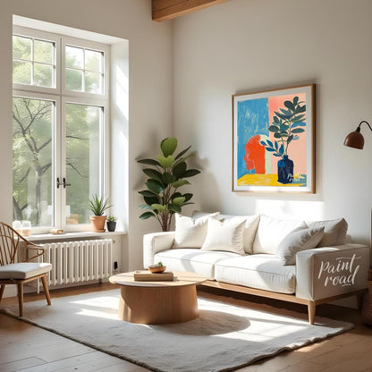 This compelling abstract painting features a striking juxtaposition of a stylized human head in pro… for living room