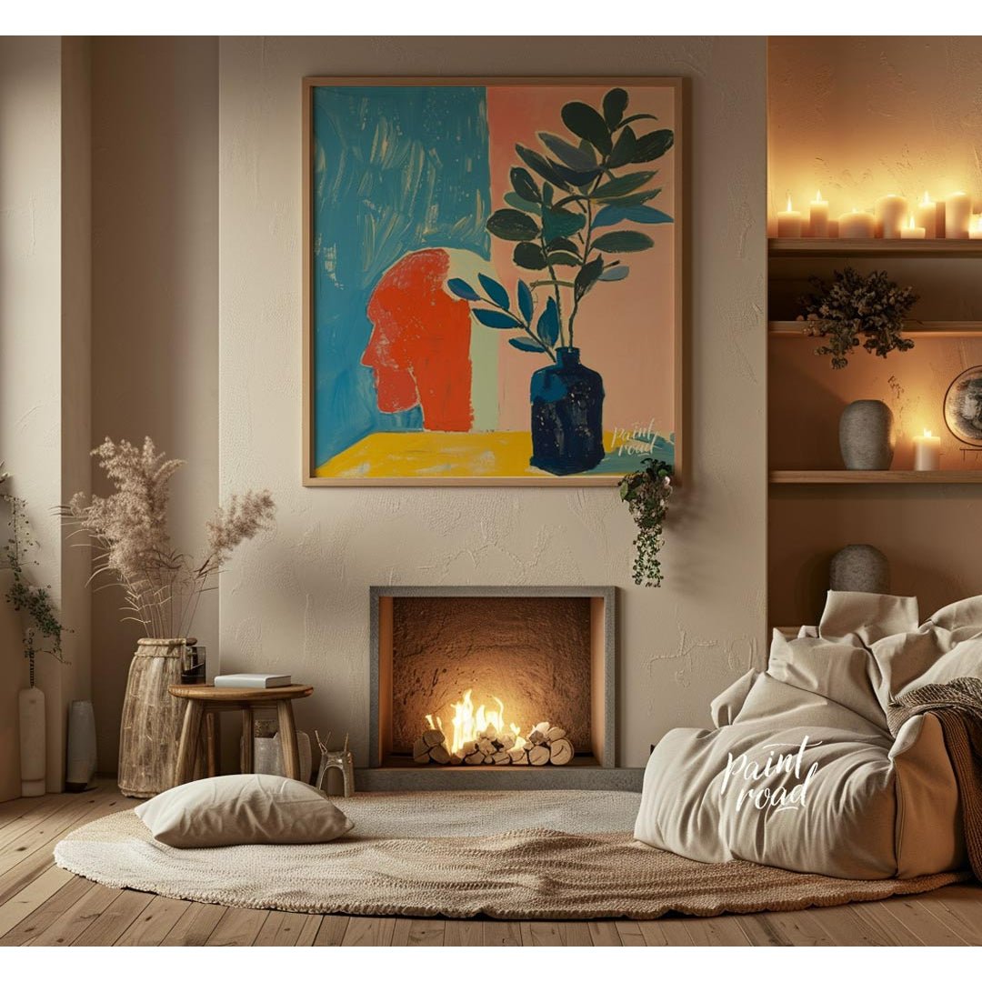 This compelling abstract painting features a striking juxtaposition of a stylized human head in pro… for living room