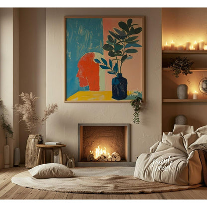 This compelling abstract painting features a striking juxtaposition of a stylized human head in pro… for living room