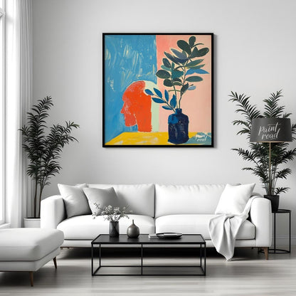 This compelling abstract painting features a striking juxtaposition of a stylized human head in pro… for living room