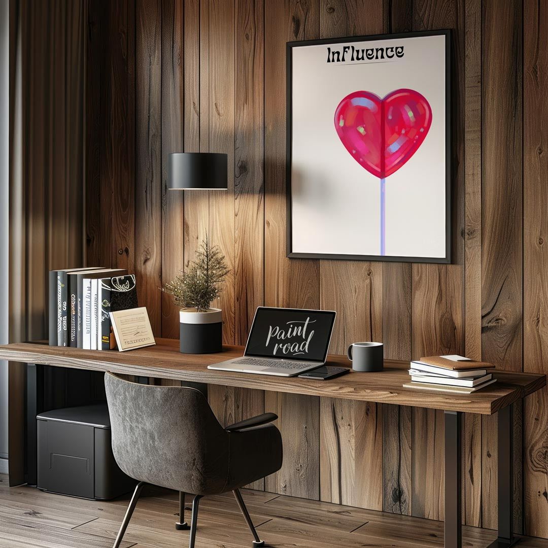 This whimsical and subtly intriguing artwork features a glossy, vibrant red heart-shaped lollipop a… for bedroom