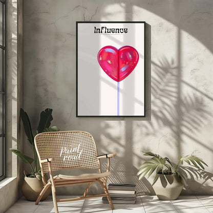 This whimsical and subtly intriguing artwork features a glossy, vibrant red heart-shaped lollipop a… for dining room