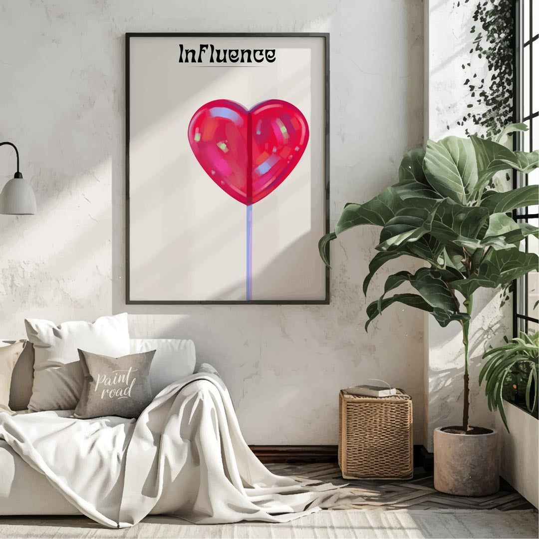 This whimsical and subtly intriguing artwork features a glossy, vibrant red heart-shaped lollipop a… for house