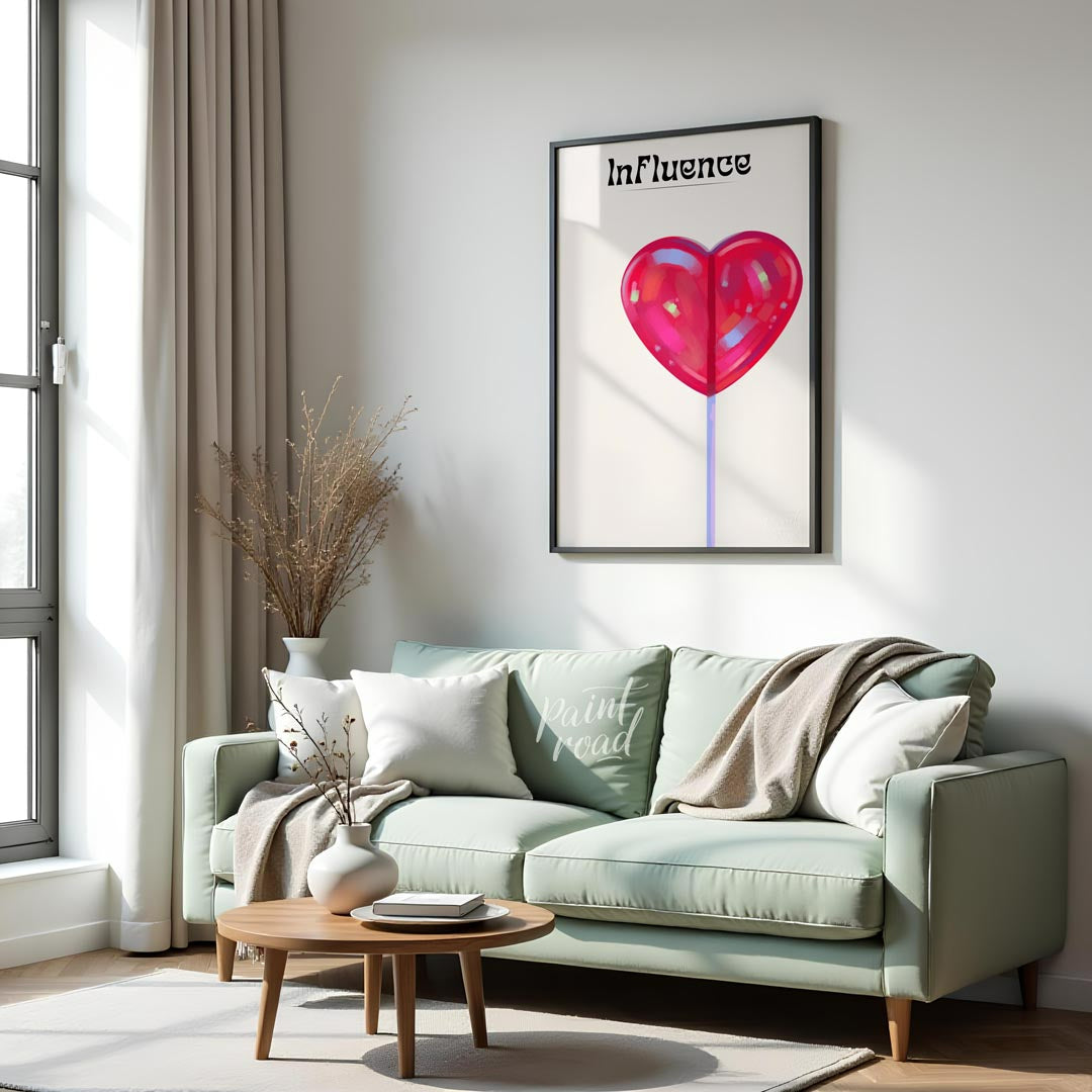 This whimsical and subtly intriguing artwork features a glossy, vibrant red heart-shaped lollipop a… for living room