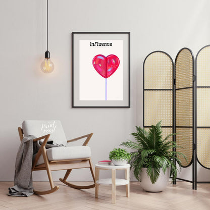 This whimsical and subtly intriguing artwork features a glossy, vibrant red heart-shaped lollipop a… for living room