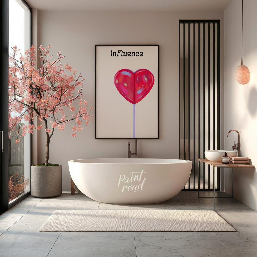 This whimsical and subtly intriguing artwork features a glossy, vibrant red heart-shaped lollipop a… for office