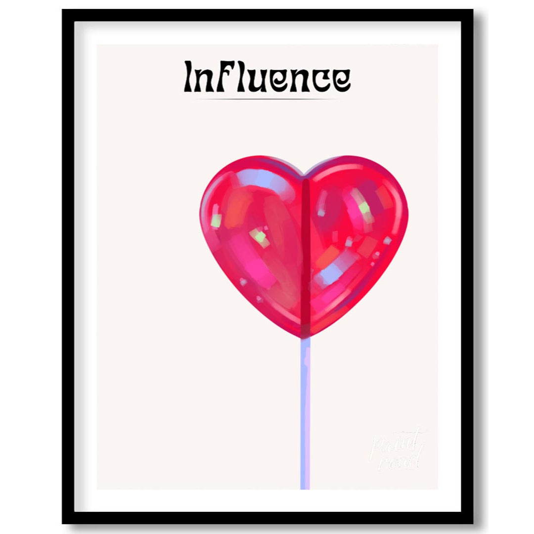 This whimsical and subtly intriguing artwork features a glossy, vibrant red heart-shaped lollipop a… for place