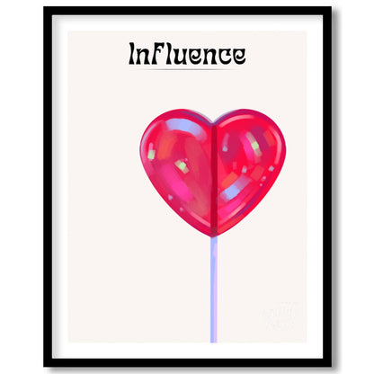 This whimsical and subtly intriguing artwork features a glossy, vibrant red heart-shaped lollipop a… for place